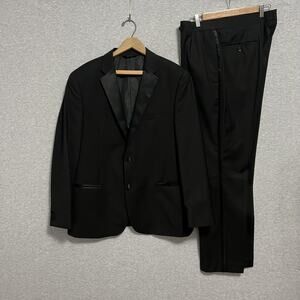 Caravelli Tuxedo Suit Jacket Pants Mens 42R 36W Black Satin Lapel Side Stripe